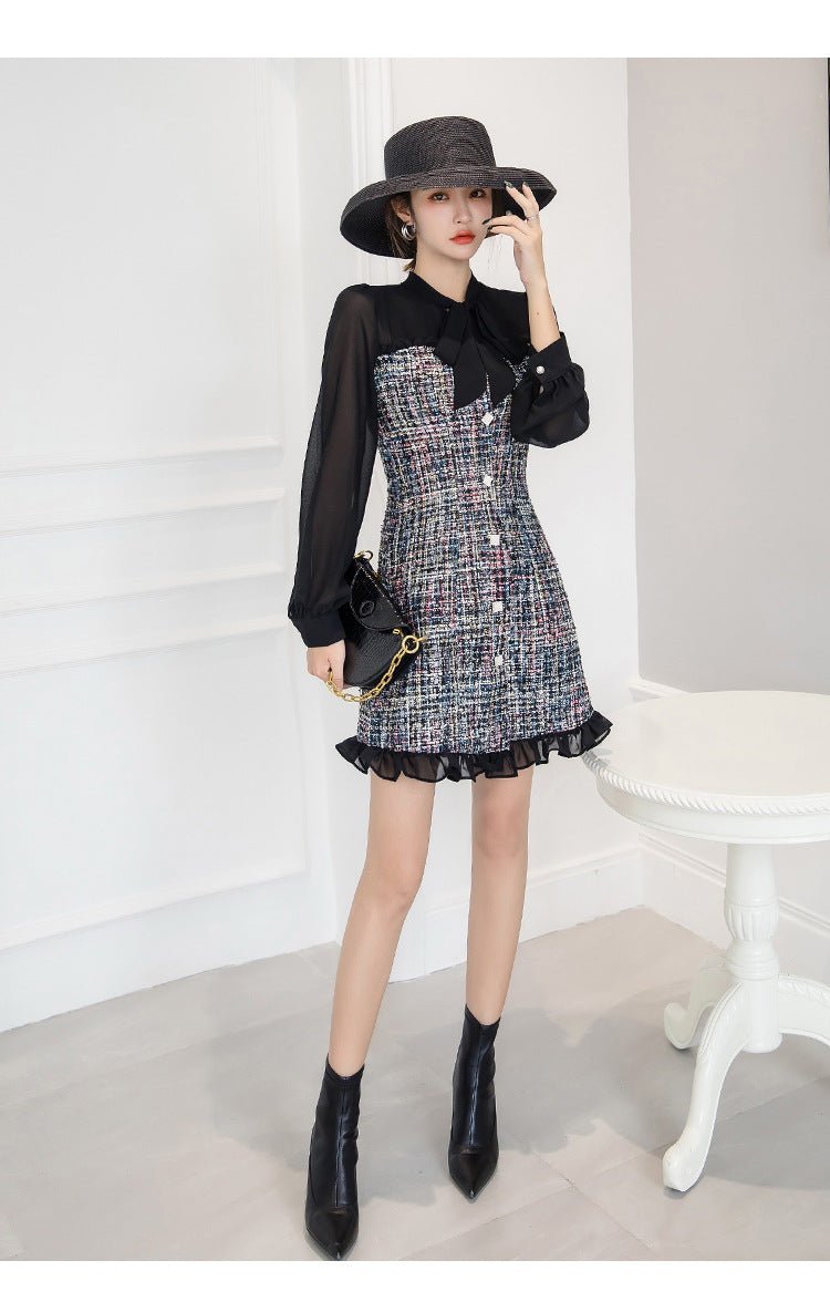 Robe A-line tweed col feuille de lotus chiffon avec surpiqûres — Noir élégante . - IVOIRART.COM