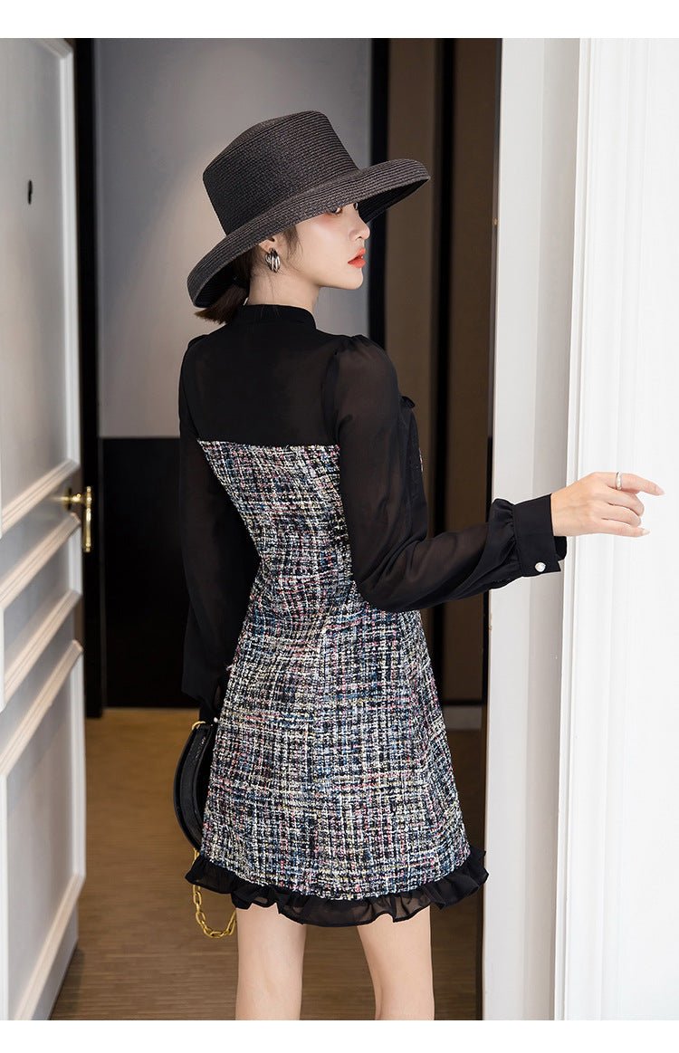 Robe A-line tweed col feuille de lotus chiffon avec surpiqûres — Noir élégante . - IVOIRART.COM