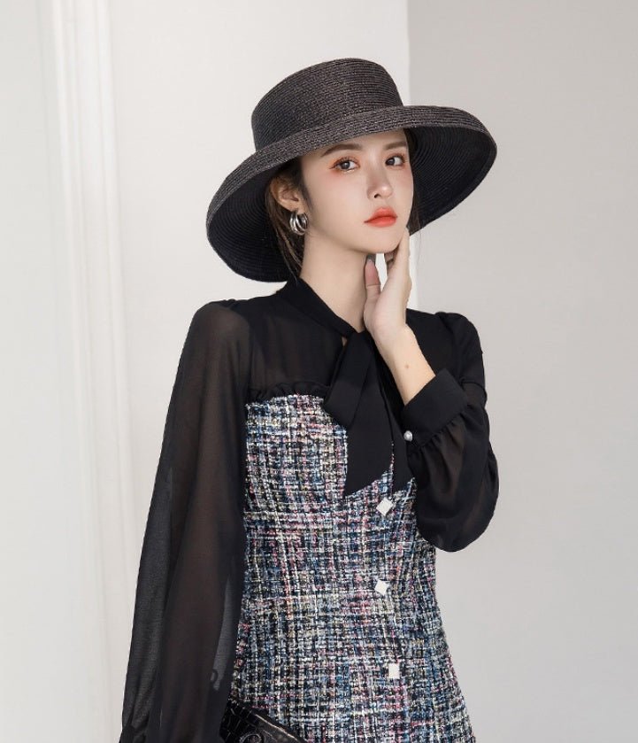 Robe A-line tweed col feuille de lotus chiffon avec surpiqûres — Noir élégante . - IVOIRART.COM