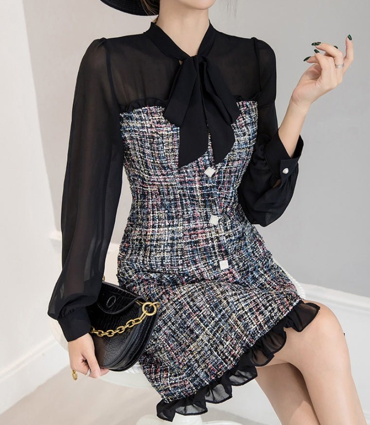 Robe A-line tweed col feuille de lotus chiffon avec surpiqûres — Noir élégante . - IVOIRART.COM