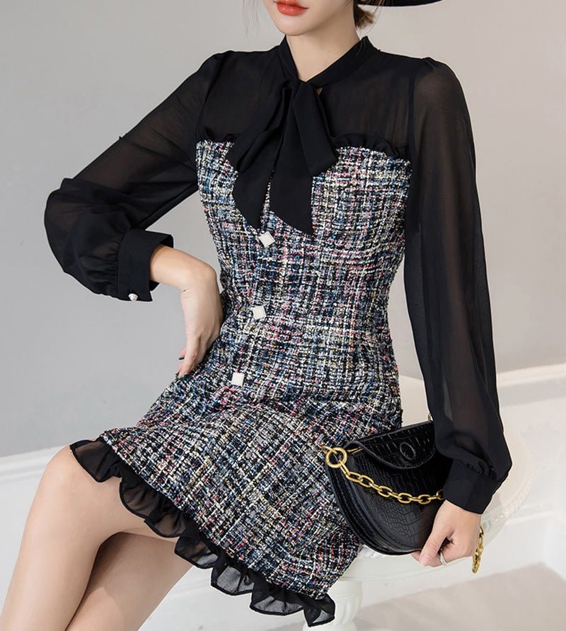 Robe A-line tweed col feuille de lotus chiffon avec surpiqûres — Noir élégante . - IVOIRART.COM