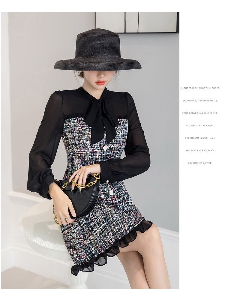 Robe A-line tweed col feuille de lotus chiffon avec surpiqûres — Noir élégante . - IVOIRART.COM