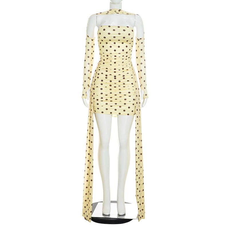 Robe à pois col halter avec rubans fluides, cintrée et moulante, S-M-L polyester - IVOIRART.COM