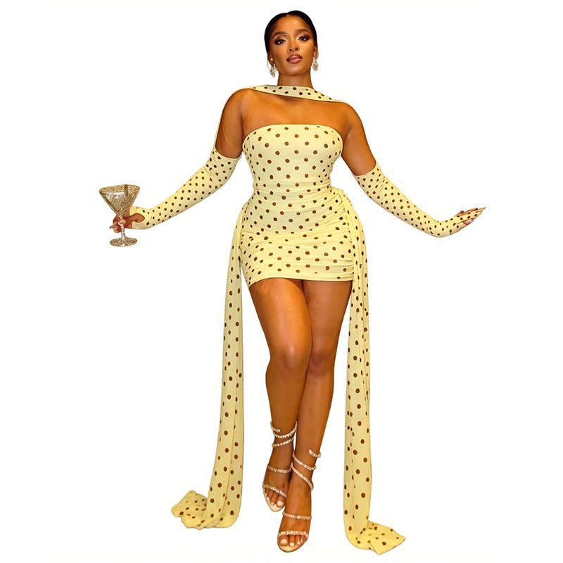 Robe à pois col halter avec rubans fluides, cintrée et moulante, S-M-L polyester - IVOIRART.COM