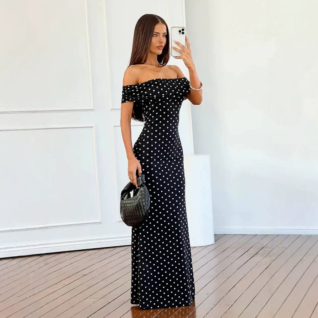 Robe à pois en maille, épaules dénudées et dos nu, style sexy pour soirées chic. - IVOIRART.COM