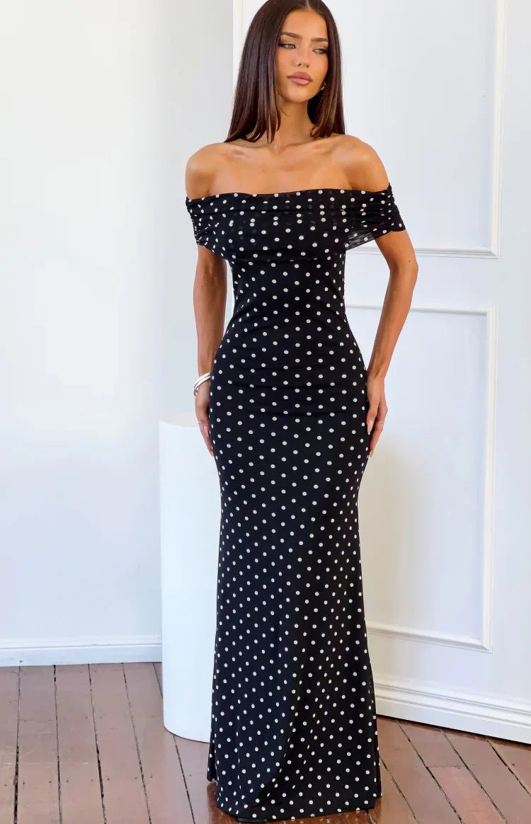 Robe à pois en maille, épaules dénudées et dos nu, style sexy pour soirées chic. - IVOIRART.COM