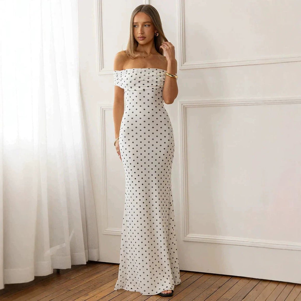 Robe à pois en maille, épaules dénudées et dos nu, style sexy pour soirées chic. - IVOIRART.COM