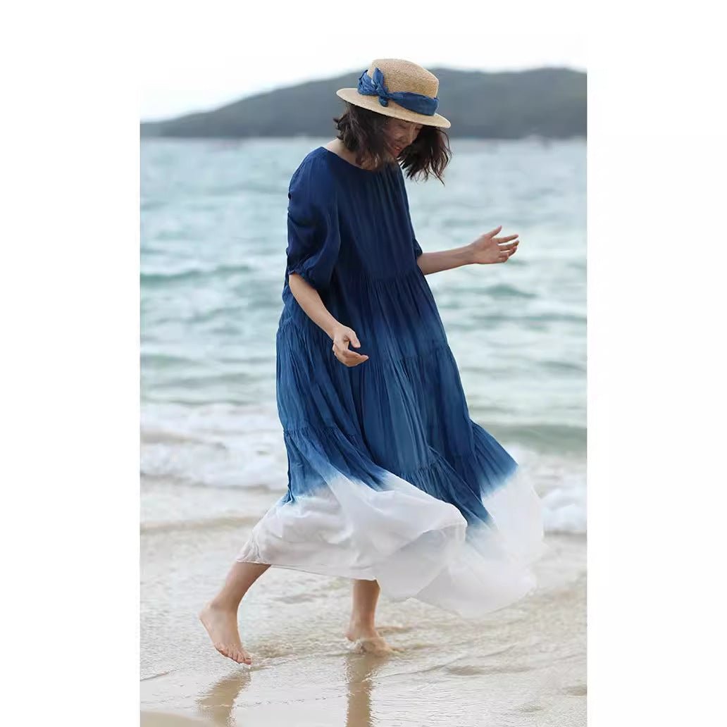 Robe ample en coton ombrée une-épaule, manches bouffantes, taille haute rétro zen - IVOIRART.COM