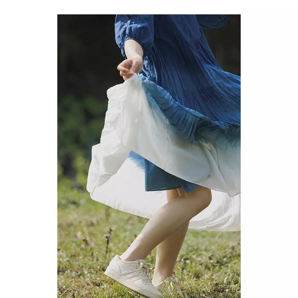 Robe ample en coton ombrée une-épaule, manches bouffantes, taille haute rétro zen - IVOIRART.COM