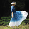 Robe ample en coton ombrée une-épaule, manches bouffantes, taille haute rétro zen - IVOIRART.COM