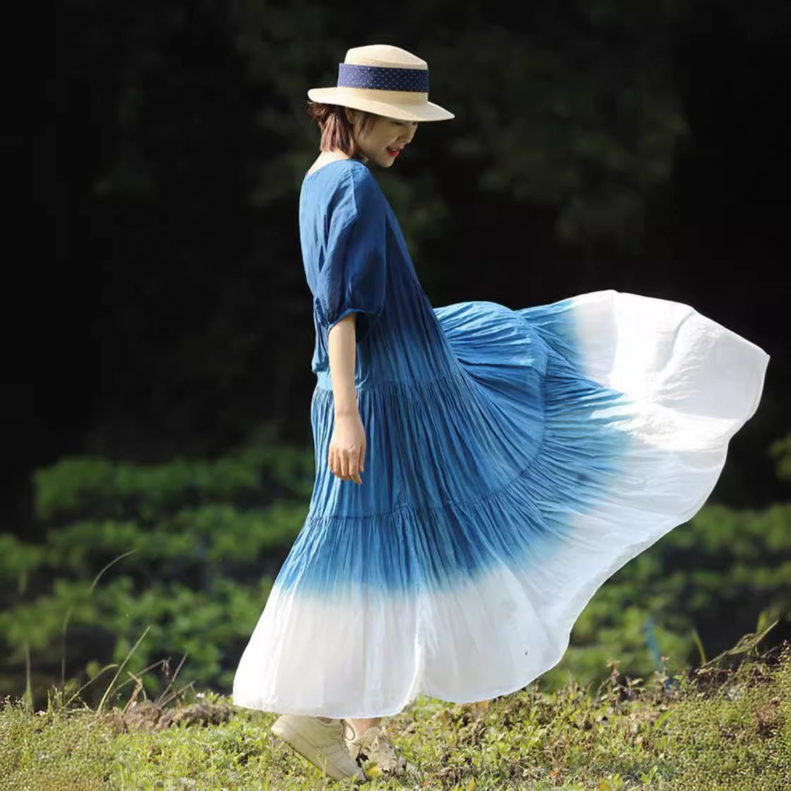 Robe ample en coton ombrée une-épaule, manches bouffantes, taille haute rétro zen - IVOIRART.COM
