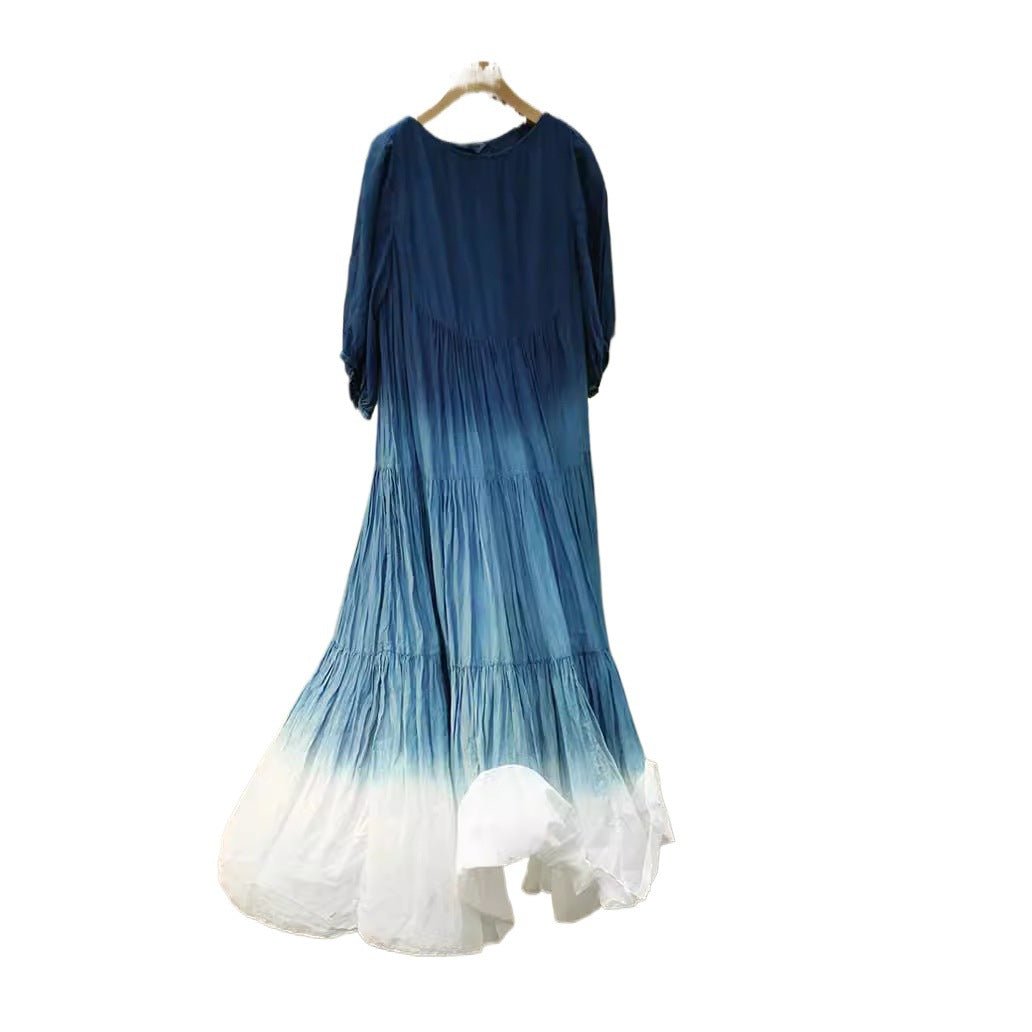 Robe ample en coton ombrée une-épaule, manches bouffantes, taille haute rétro zen - IVOIRART.COM