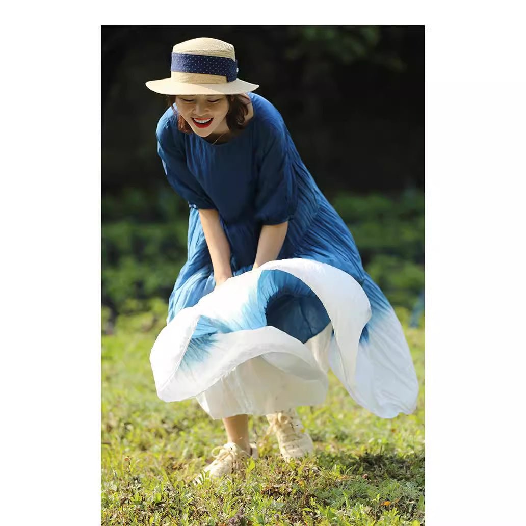 Robe ample en coton ombrée une-épaule, manches bouffantes, taille haute rétro zen - IVOIRART.COM