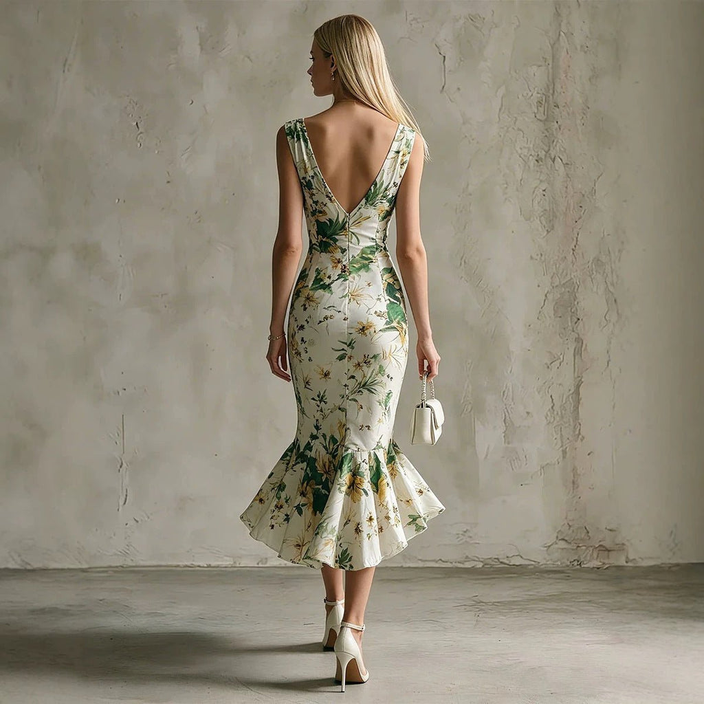 Robe blanche imprimée sans manches col V à volants - coupe slim, polyester (été) - IVOIRART.COM