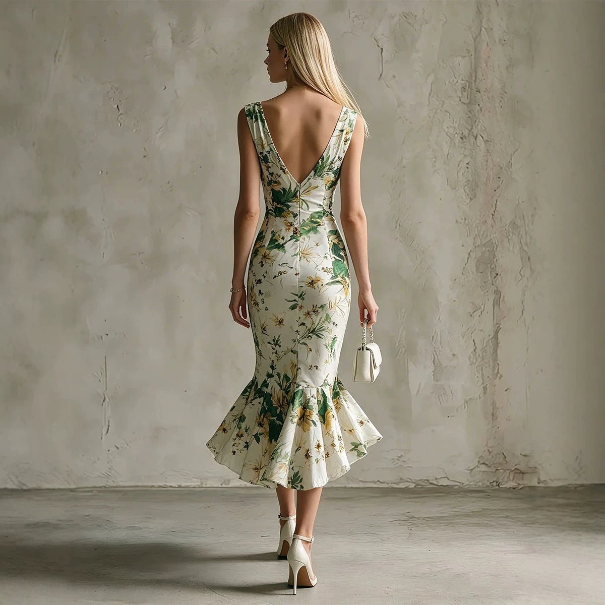 Robe blanche imprimée sans manches col V à volants - coupe slim, polyester (été) - IVOIRART.COM