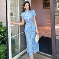 Robe bleu à fleurs 3D en dentelle style français, taille haute, coupe ajustée été - IVOIRART.COM