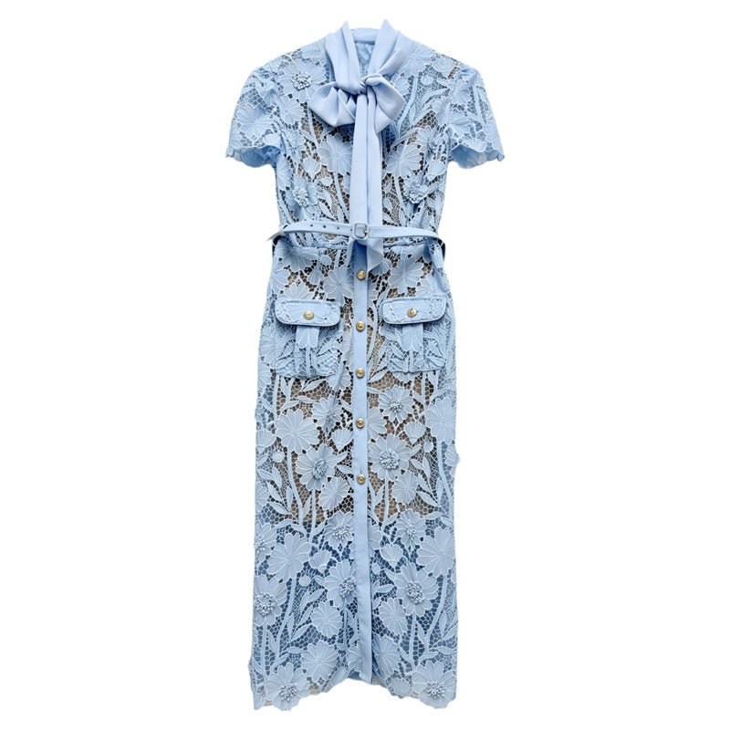 Robe bleu à fleurs 3D en dentelle style français, taille haute, coupe ajustée été - IVOIRART.COM