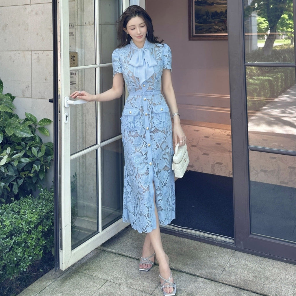 Robe bleu à fleurs 3D en dentelle style français, taille haute, coupe ajustée été - IVOIRART.COM