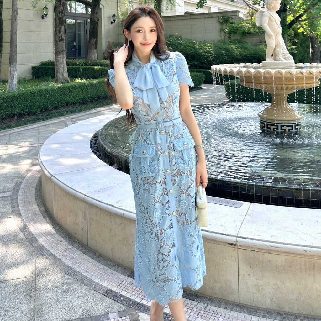 Robe bleu à fleurs 3D en dentelle style français, taille haute, coupe ajustée été - IVOIRART.COM