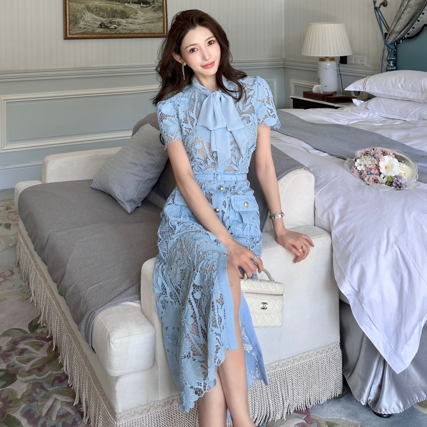 Robe bleu à fleurs 3D en dentelle style français, taille haute, coupe ajustée été - IVOIRART.COM