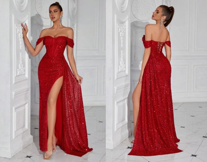 Robe bustier moulante à perles et sequins - Glamour soirée, maxi fendue élégante - IVOIRART.COM