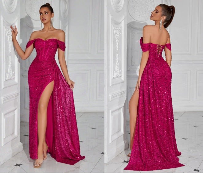 Robe bustier moulante à perles et sequins - Glamour soirée, maxi fendue élégante - IVOIRART.COM