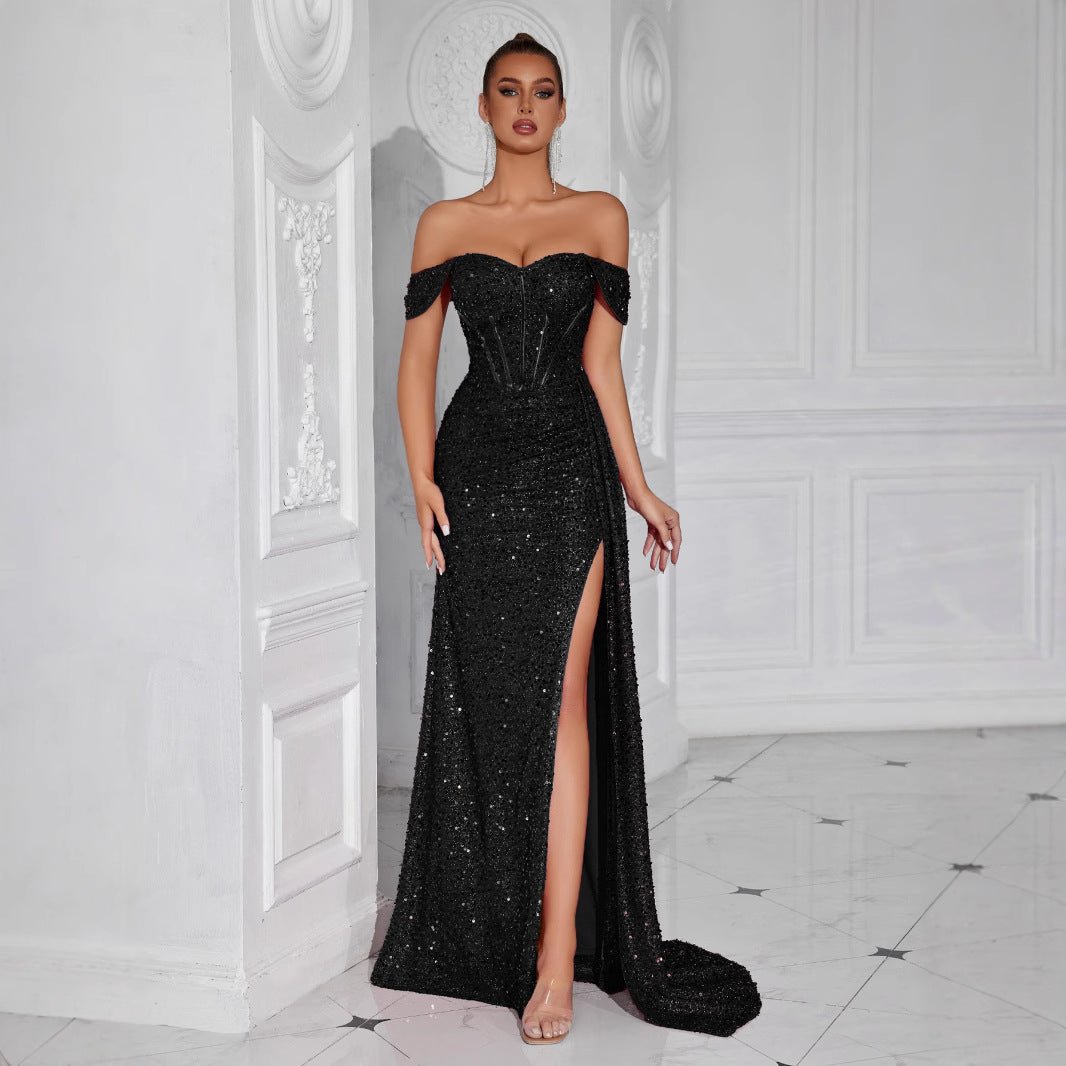 Robe bustier moulante à perles et sequins - Glamour soirée, maxi fendue élégante - IVOIRART.COM