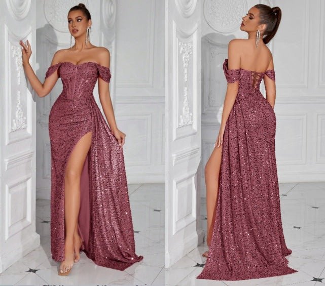 Robe bustier moulante à perles et sequins - Glamour soirée, maxi fendue élégante - IVOIRART.COM