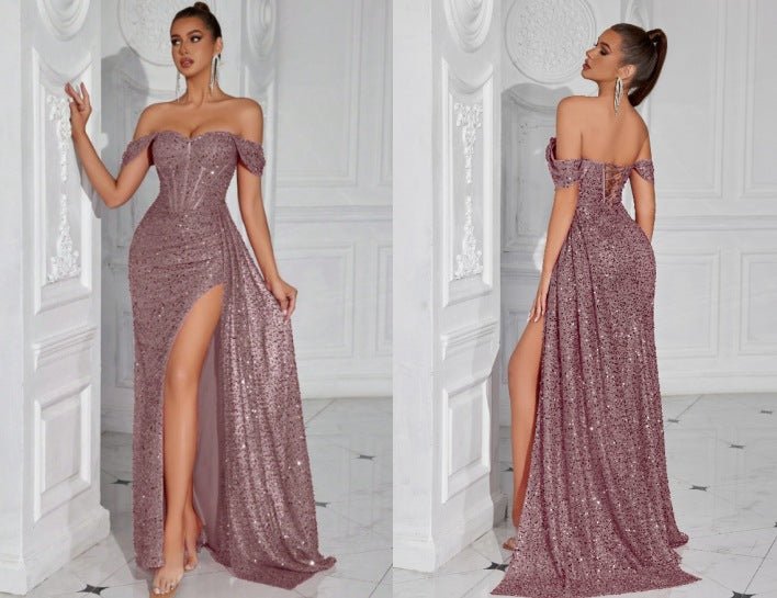 Robe bustier moulante à perles et sequins - Glamour soirée, maxi fendue élégante - IVOIRART.COM