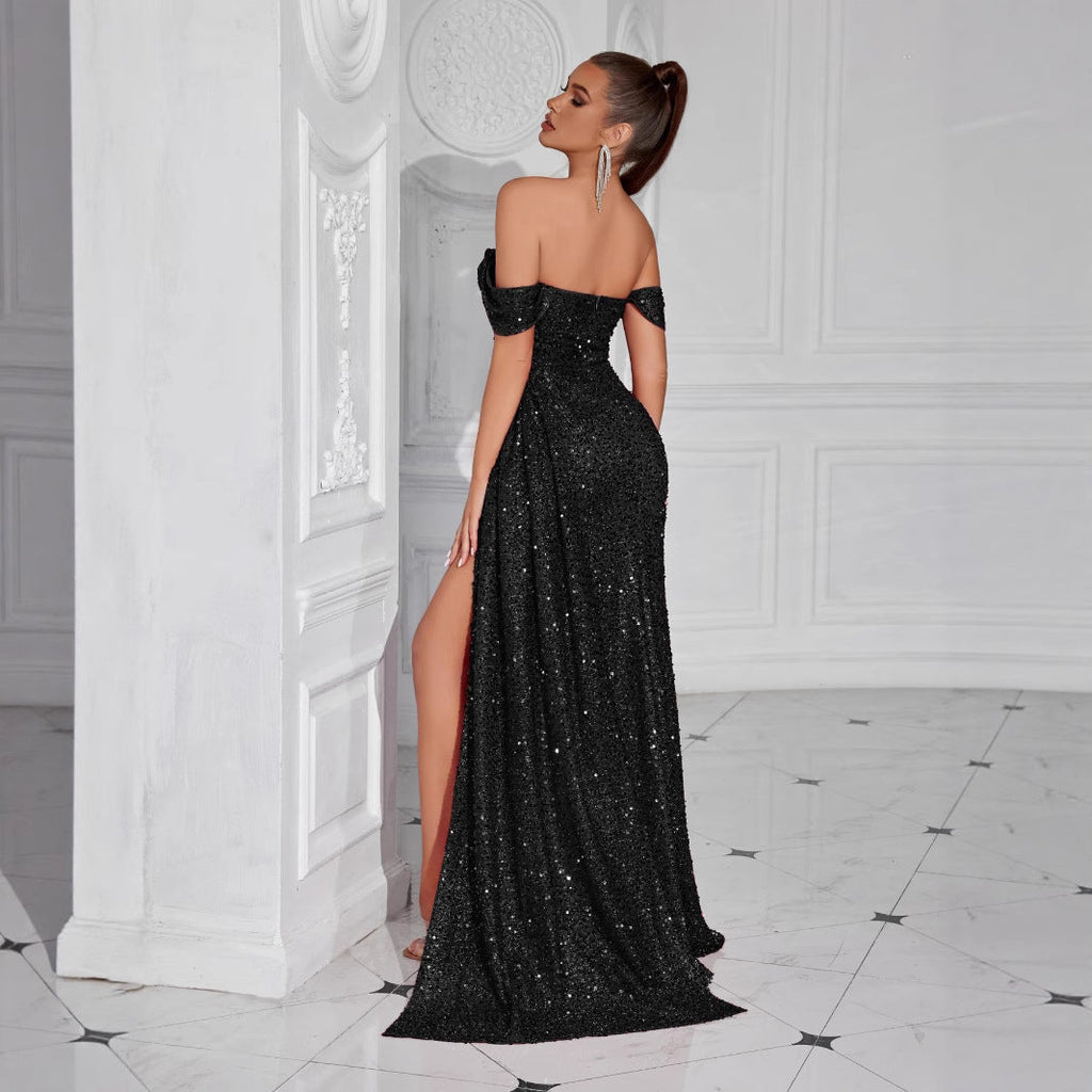 Robe bustier moulante à perles et sequins - Glamour soirée, maxi fendue élégante - IVOIRART.COM