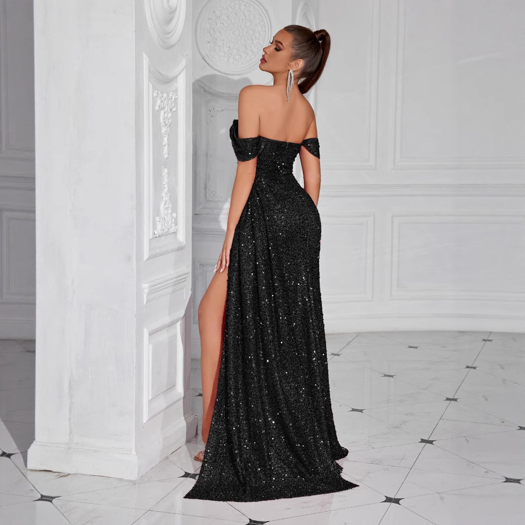 Robe bustier moulante à perles et sequins - Glamour soirée, maxi fendue élégante - IVOIRART.COM