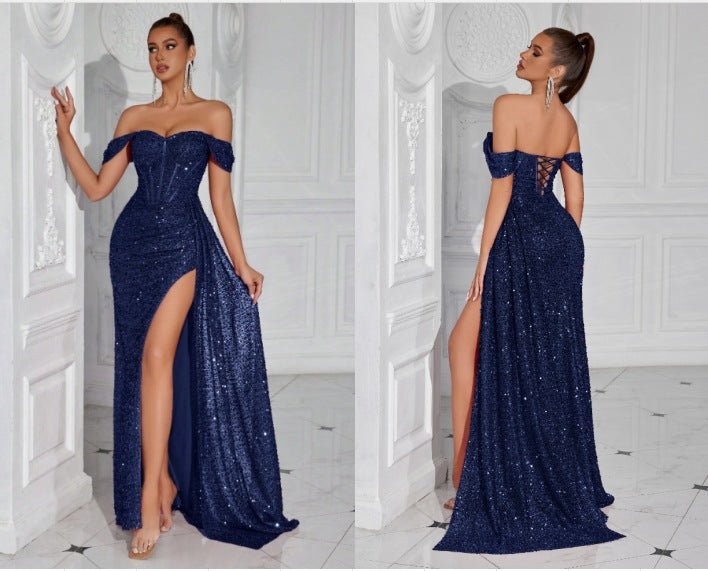Robe bustier moulante à perles et sequins - Glamour soirée, maxi fendue élégante - IVOIRART.COM
