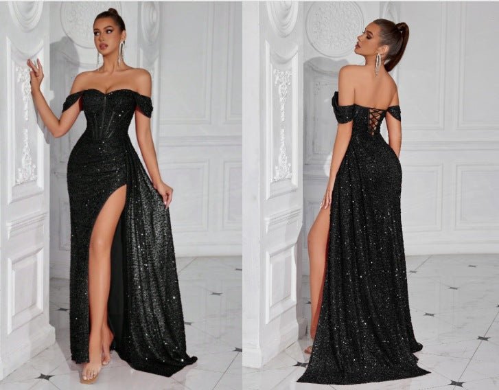Robe bustier moulante à perles et sequins - Glamour soirée, maxi fendue élégante - IVOIRART.COM