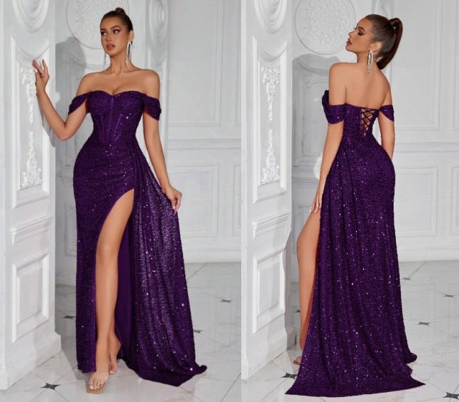 Robe bustier moulante à perles et sequins - Glamour soirée, maxi fendue élégante - IVOIRART.COM