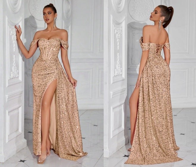 Robe bustier moulante à perles et sequins - Glamour soirée, maxi fendue élégante - IVOIRART.COM