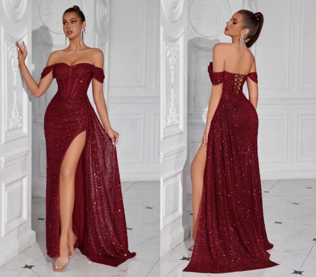 Robe bustier moulante à perles et sequins - Glamour soirée, maxi fendue élégante - IVOIRART.COM