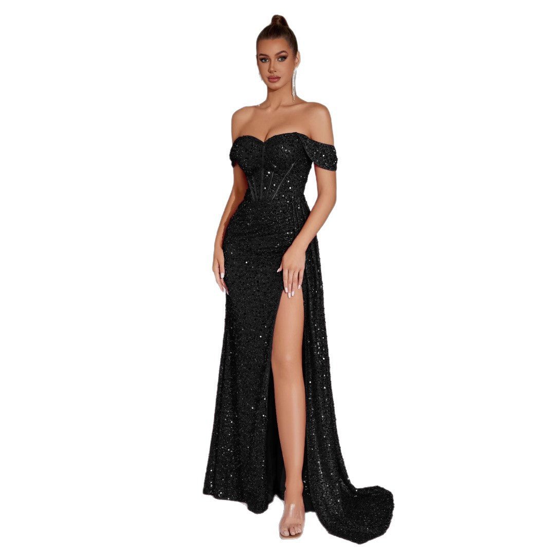 Robe bustier moulante à perles et sequins - Glamour soirée, maxi fendue élégante - IVOIRART.COM