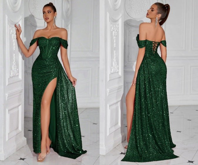 Robe bustier moulante à perles et sequins - Glamour soirée, maxi fendue élégante - IVOIRART.COM