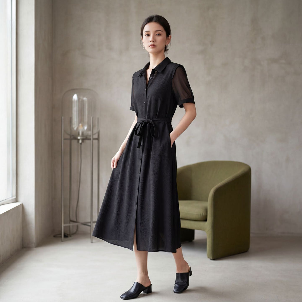 Robe chemise en soie jacquard pour femme, mi-longue, élégante pour le quotidien. - IVOIRART.COM