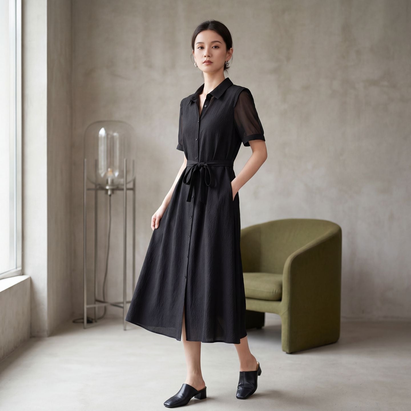 Robe chemise en soie jacquard pour femme, mi-longue, élégante pour le quotidien. - IVOIRART.COM