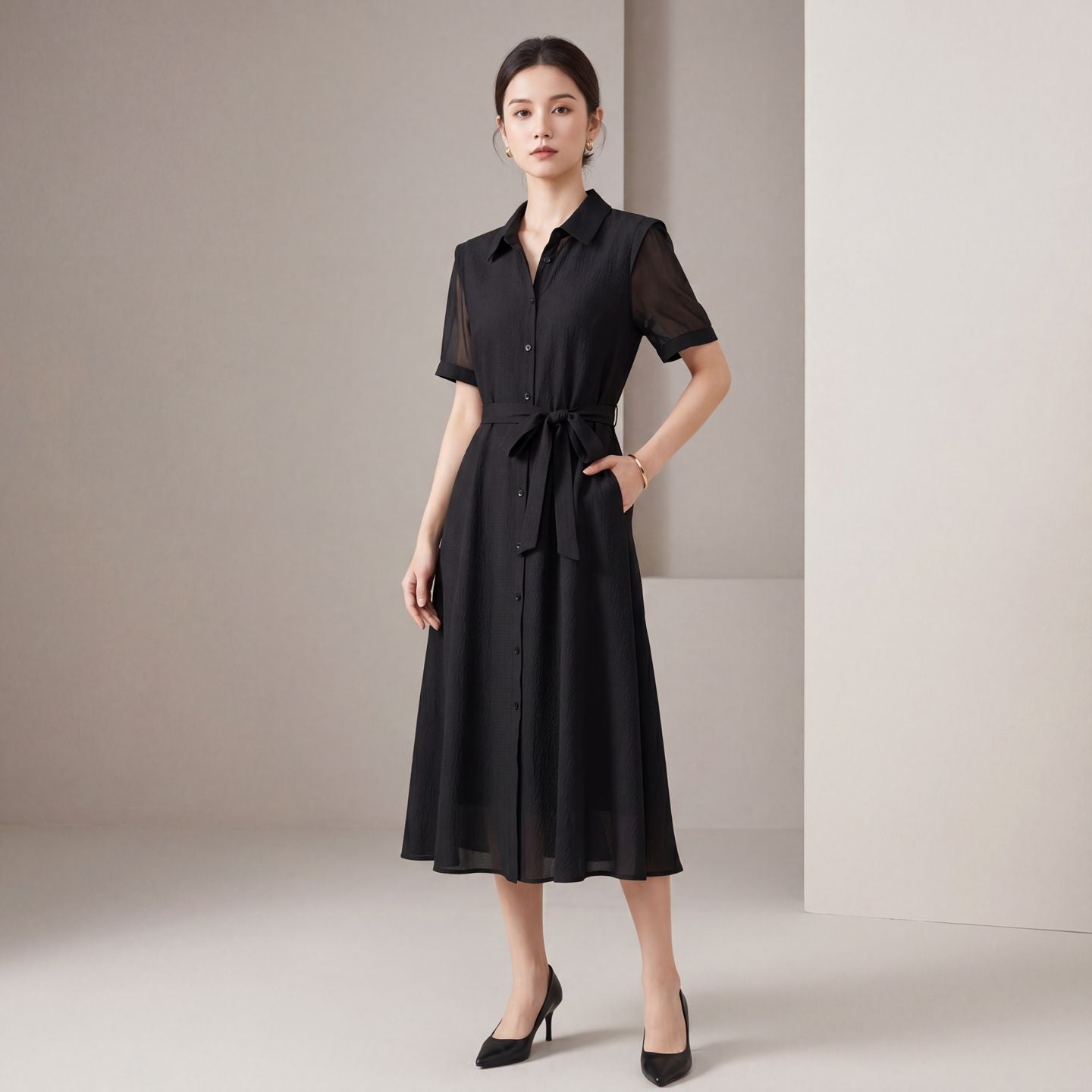 Robe chemise en soie jacquard pour femme, mi-longue, élégante pour le quotidien. - IVOIRART.COM