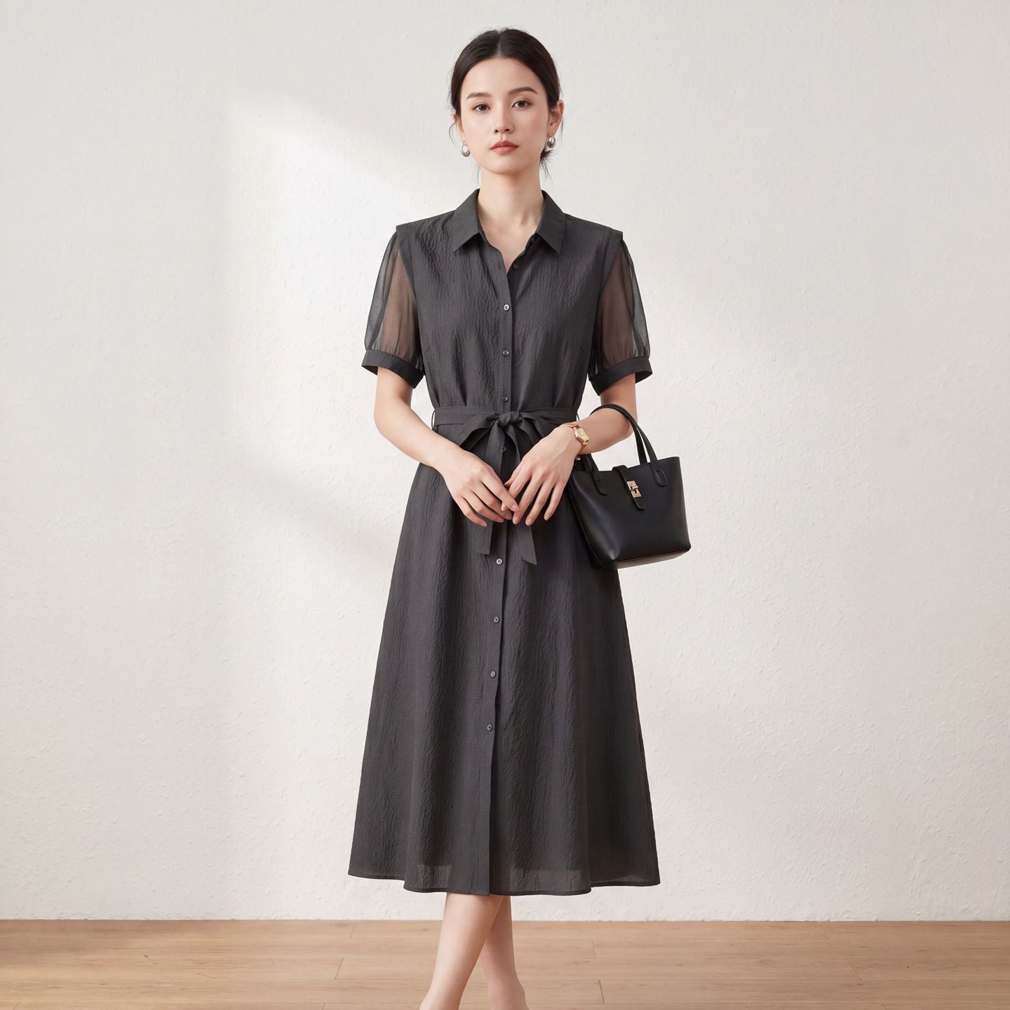 Robe chemise en soie jacquard pour femme, mi-longue, élégante pour le quotidien. - IVOIRART.COM