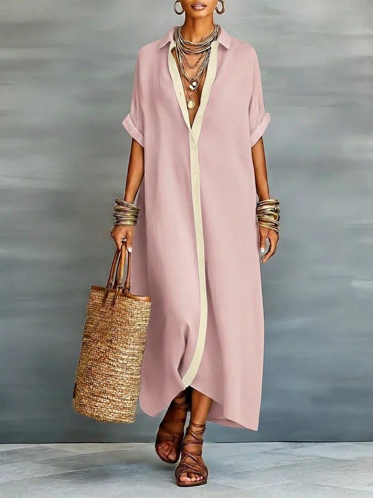 Robe Chemise Oversize Femme, Manches Relevées à Bordure Contrastée Boutonnée Maxi, Printemps-Été - IVOIRART.COM