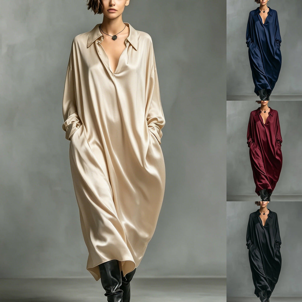Robe-chemise Satin unie manches longues, coupe ample, tailles S à XXL - IVOIRART.COM