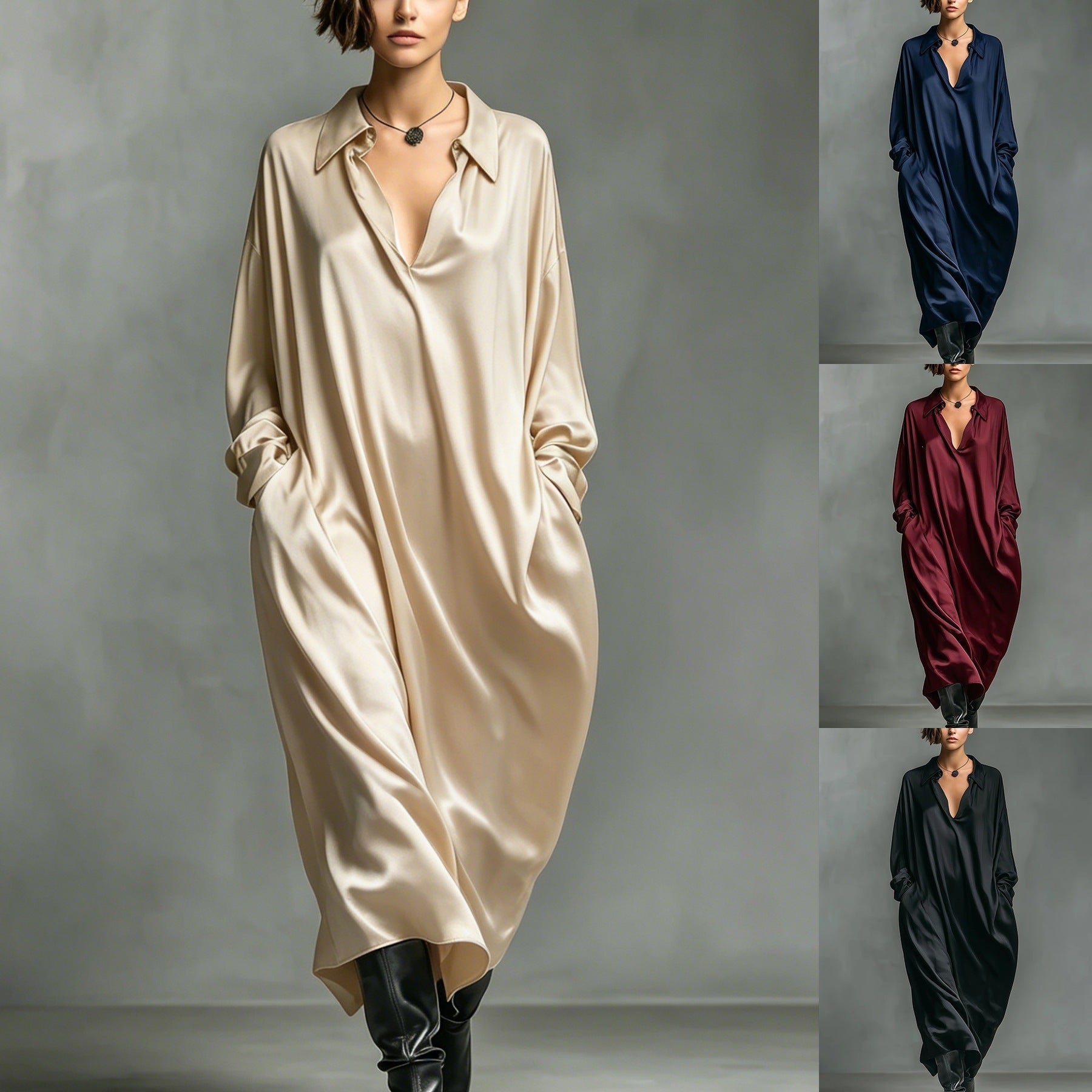 Robe-chemise Satin unie manches longues, coupe ample, tailles S à XXL - IVOIRART.COM