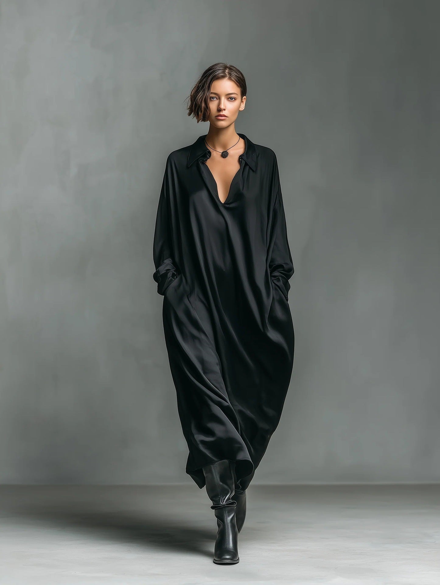 Robe-chemise Satin unie manches longues, coupe ample, tailles S à XXL - IVOIRART.COM