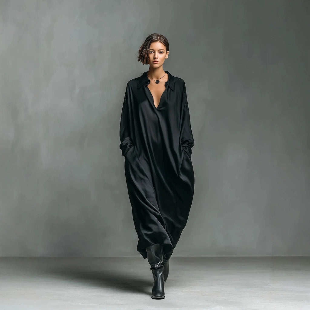 Robe-chemise Satin unie manches longues, coupe ample, tailles S à XXL - IVOIRART.COM