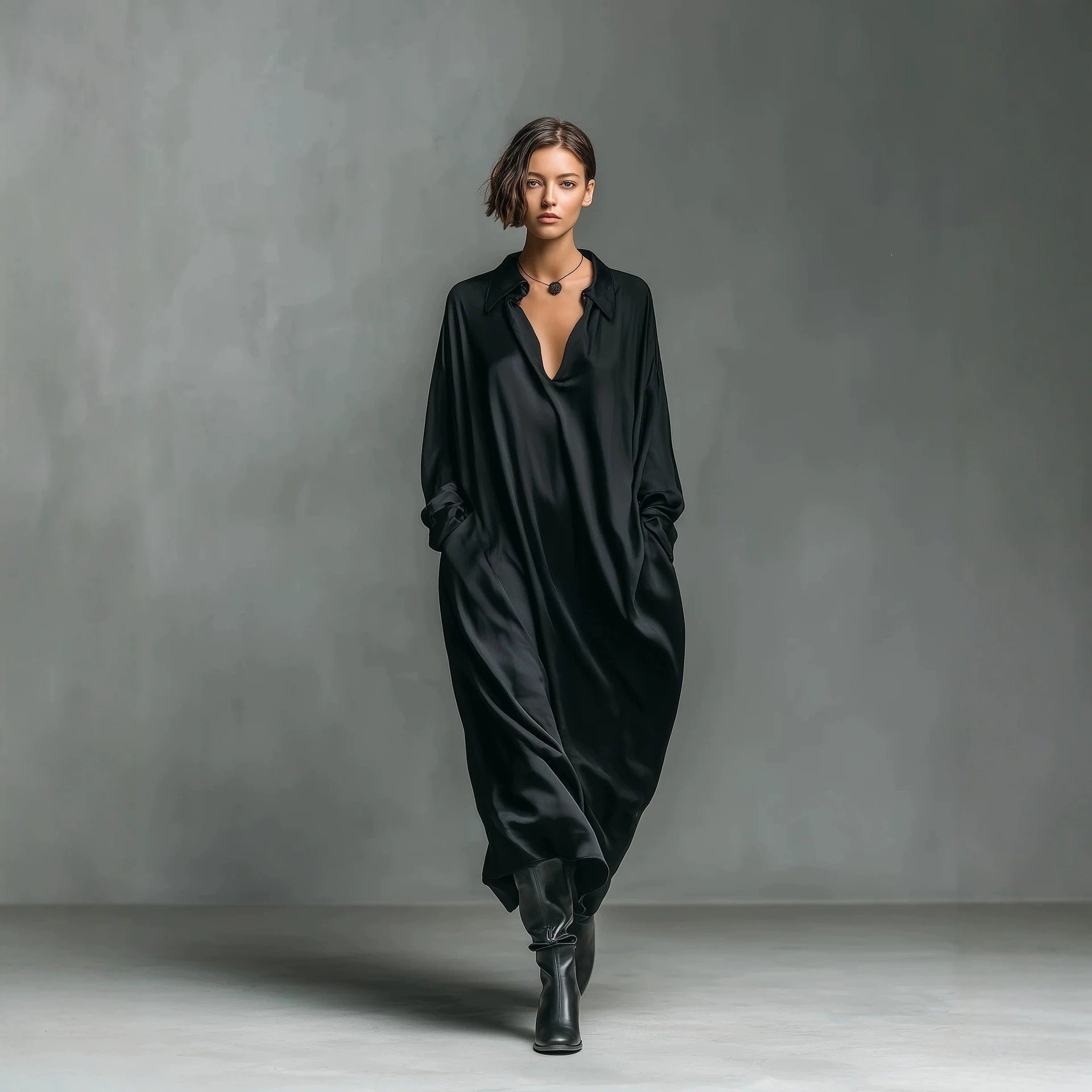 Robe-chemise Satin unie manches longues, coupe ample, tailles S à XXL - IVOIRART.COM