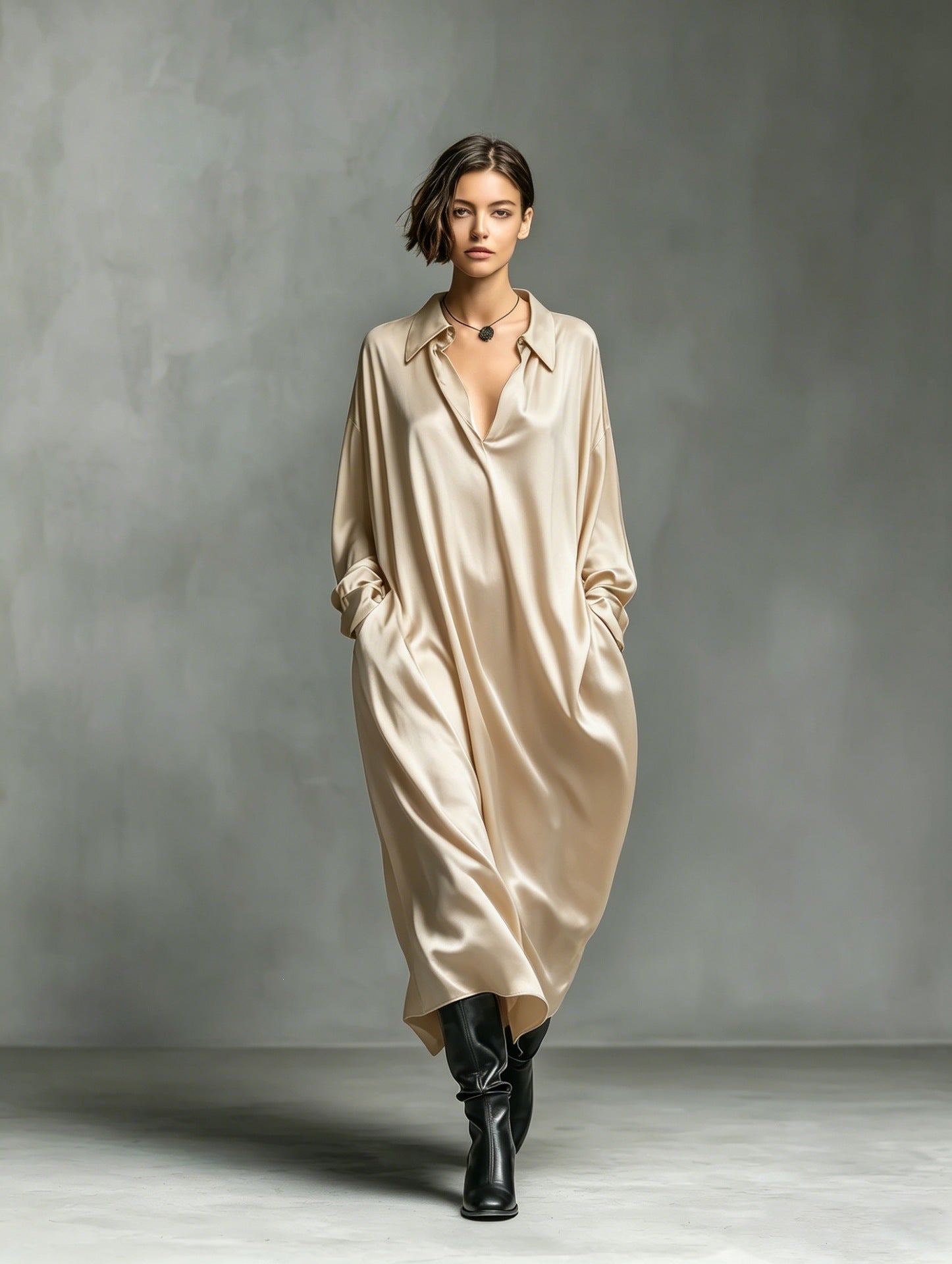 Robe-chemise Satin unie manches longues, coupe ample, tailles S à XXL - IVOIRART.COM
