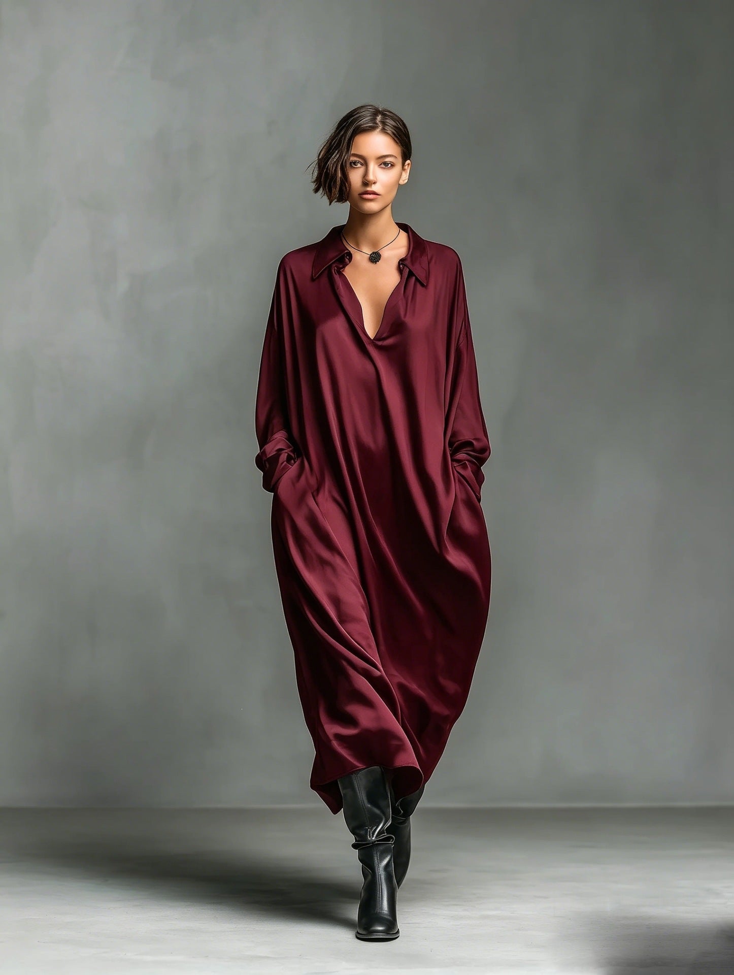 Robe-chemise Satin unie manches longues, coupe ample, tailles S à XXL - IVOIRART.COM